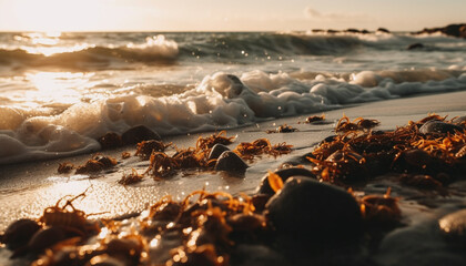 Obraz premium Tranquil seascape at dusk sand, waves, and wildlife in background generated by AI