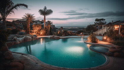 Fototapeta na wymiar Luxury tourist resort with illuminated swimming pool, palm trees, and sunset generated by AI
