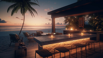 Luxury tropical resort offers tranquil sunset vacations with idyllic nature generated by AI