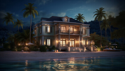 Luxury tropical bungalow with poolside palm tree and ocean view generated by AI