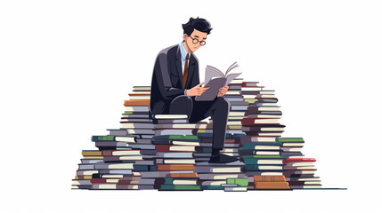 たくさんの本に囲まれて読書する男性 A man reading a book surrounded by lots of books in library Created by generative AI