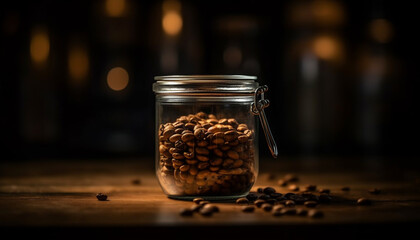 Freshly roasted coffee beans spill from a jar on wood table generated by AI