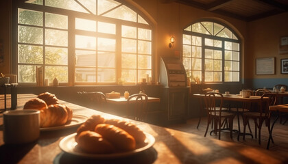Modern rustic kitchen with comfortable chairs, gourmet snacks, and elegance generated by AI