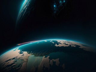 earth in space, eclipsed by another planet, Space concept, interstellar travel.
