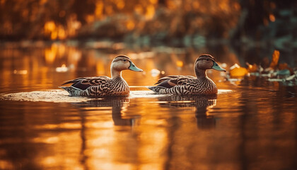 Mallard duck family enjoys tranquil pond in beautiful autumn landscape generated by AI