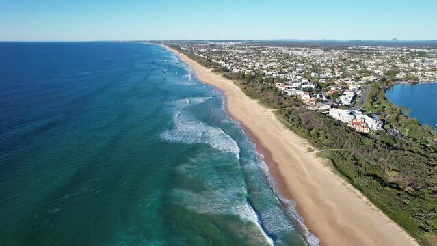 Panoramic View Over Kawana Beach, Buddina, Queensland, Australia - drone shot
