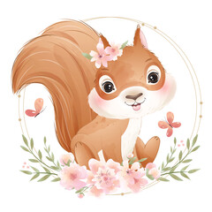 Cute squirrel with floral wreath watercolor illustration