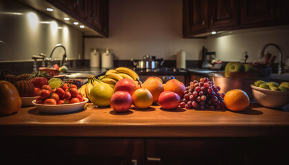 Organic fruit bowl on wooden kitchen counter exudes healthy freshness generated by AI