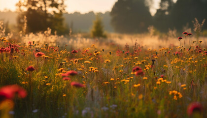 Vibrant wildflowers bloom in tranquil meadow under summer sunset sky generated by AI
