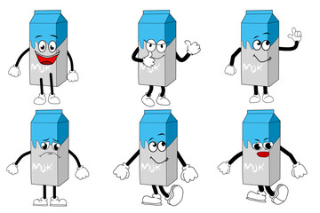 Funny retro milk cartoon characters in various poses and expressions, perfect for sticker packs, emoji sets, and playful designs. Colorful and groovy dairy mascots for kids and fun projects.