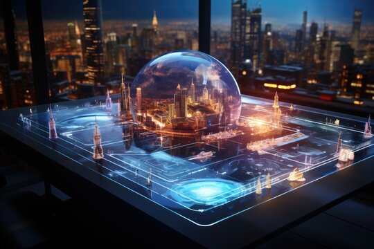 Futuristic artificial intelligence background, projected images to display information, hologram, 3d rendering
