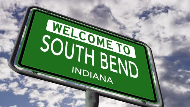 Welcome to South Bend, Indiana. USA City Road Sign Close Up, Realistic 3d Animation