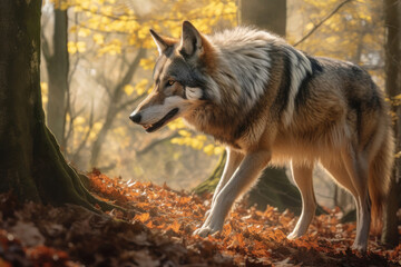 Naklejka na ściany i meble Wolf walking in an autumn forest, Generative AI