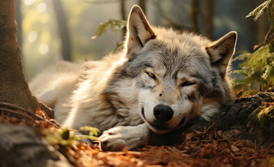 Close-up of a wolf having a rest in a forest, Generative AI