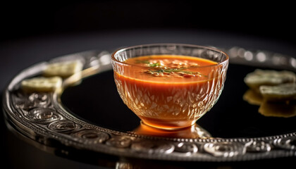 Fresh gourmet tomato soup, healthy vegetarian meal on elegant plate generated by AI