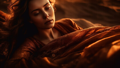 One beautiful young woman, with brown hair, exudes sensuality and elegance generated by AI