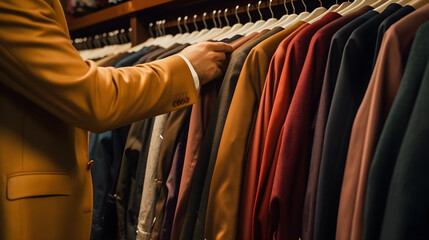 Fototapeta na wymiar Businessman hand choosing fashion clothes on hangers created with Generative AI