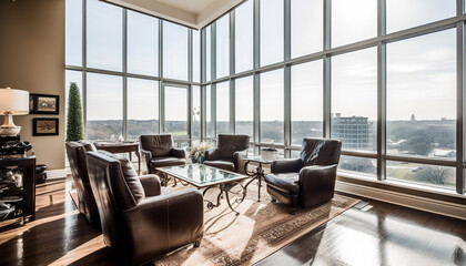 Modern luxury apartment with elegant design, comfortable armchair, and panoramic cityscape generated by AI