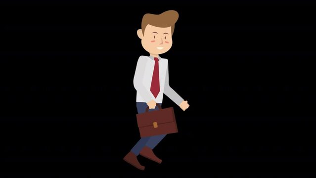 Flat design cartoon style office employee or businessman walking video footage with alpha channel or transparent background