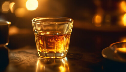 Golden whiskey in a glass, reflecting the dark bar background generated by AI
