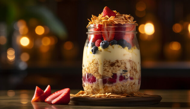 Healthy homemade parfait with fresh berries, granola, and yogurt generated by AI