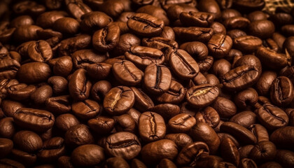 Naklejka premium Dark backdrop, textured bean heap, aroma of fresh coffee tasting generated by AI