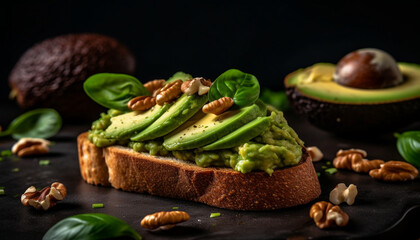 Healthy gourmet snack Avocado guacamole on toasted ciabatta bread generated by AI