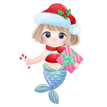 Cute mermaid with gift box Christmas poses watercolor illustration