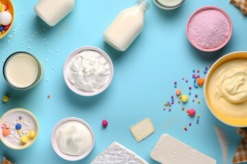 Fototapeta na wymiar Top view photo of dairy products over bright background. Symbols of Jewish holiday - Shavuot. Generated AI tools.