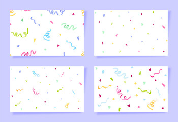 Festive confetti ribbon seamless pattern flat set. Colorful ribbon bow dot confetti firework minimal design modern print gift wrap background fabric pattern greeting carnival ornament bright swirl