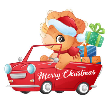 Cute dinosaur sitting in a car with Christmas gifts Christmas winter watercolor illustration
