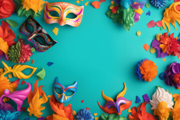 A group of venetian, mardi gras mask or disguise on a dark background. Purim celebration concept (jewish carnival holiday). Generated AI tools.