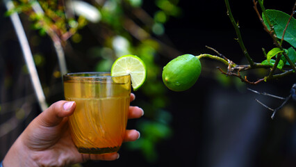 Lemonade with mint on a dark background. Healthy drinks. Side view, copy space.