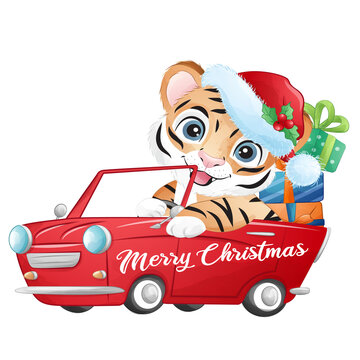 Cute tiger sitting in a car with Christmas gifts Christmas winter watercolor illustration