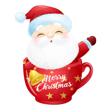 Cute Santa Claus sitting in a Christmas cup Christmas winter watercolor illustration