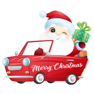 Cute Santa Claus sitting in a car with Christmas gifts Christmas winter watercolor illustration