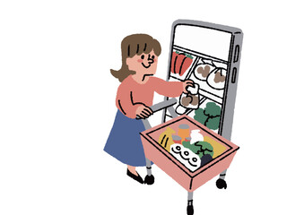 
オンラインスーパーで買い物する主婦　調理キット配送サービス、お弁当宅配サービスに関するイラスト
