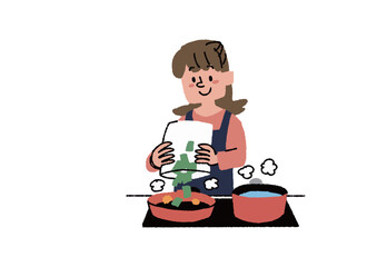 カット野菜を使って料理する主婦　調理キット配送サービス、お弁当宅配サービスに関するイラスト