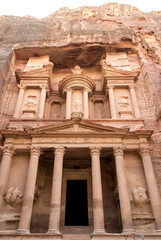 View of Al-Khazneh (The Treasury), one of the most elaborate temples in Petra, an ancient city of the Nabatean Kingdom, in Jordan. This structure was carved out of a sandstone rock face