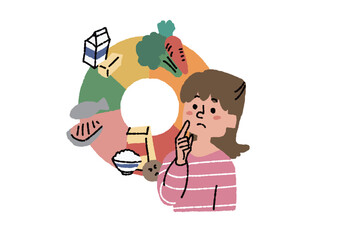 栄養バランスについて考える主婦　調理キット配送サービス、お弁当宅配サービスに関するイラスト