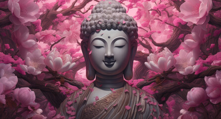  buddha through blossomed flowers, generative AI - obrazy, fototapety, plakaty