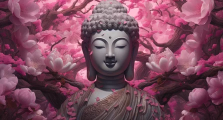 Zelfklevend Fotobehang  buddha through blossomed flowers, generative AI © Kien