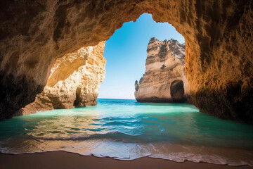 photo of sandy beach under the cave It's one of those places in Portugal. - obrazy, fototapety, plakaty
