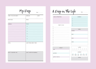 My Day and A Day in the life Planner template. Minimalist planner template set. Vector illustration.	 