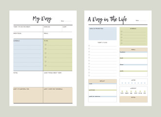 My Day and A Day in the life Planner template. Minimalist planner template set. Vector illustration.	 