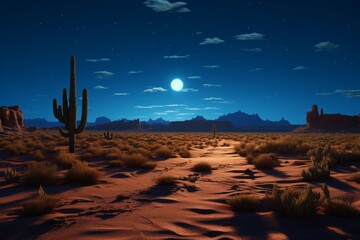 Moonlit Desert: A desolate desert under a full moon, cacti casting long shadows on the sand. Generative AI