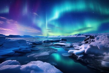 Fototapeta na wymiar Vibrant aurora borealis gracefully dances across a serene, snow-covered tundra, creating a mesmerizing fusion of ethereal colors and wintry beauty. Generative AI