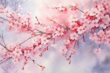 Watercolor cherry blossom sakura on sky background. Spring flowers
