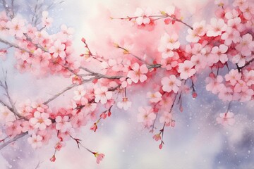 Obraz premium Watercolor cherry blossom sakura on sky background. Spring flowers