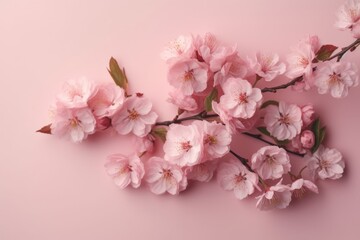 Fototapeta na wymiar Cherry blossom branch on pink background, flat lay, copy space